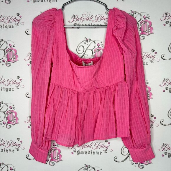 Wayf top long sleeve pink plaid print puff shoulders cute with button cuffs BNWT - Picture 1 of 13